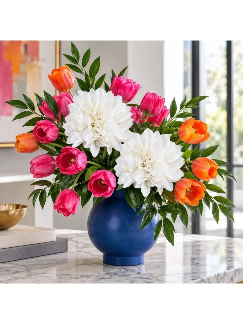 White Artificial Dahlia Stems, Set of 2, 24 Inch Faux Silk Flowers, 5 Inch Bloom